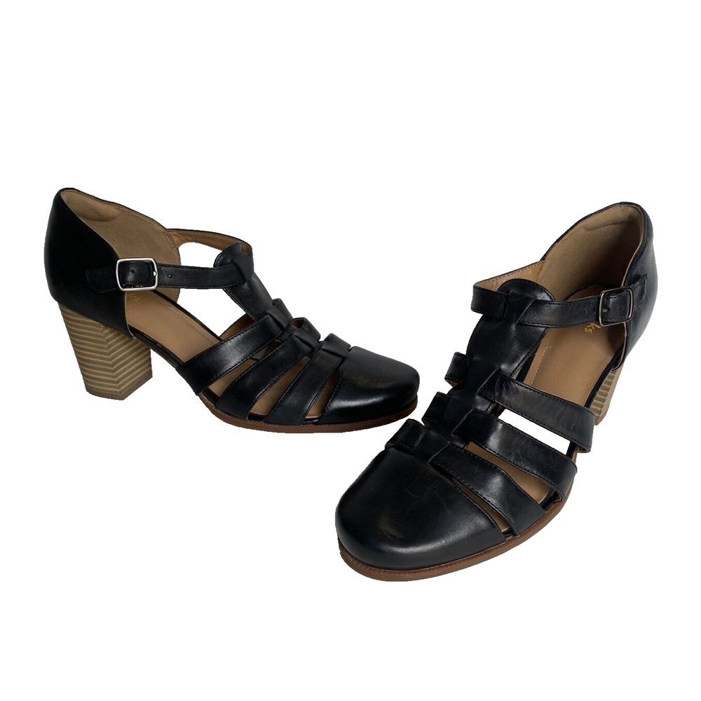 Clark's Artisan Ciera Gull Shoes Heels W 9.5 41 Leather Y2k Gladiator GUC Strap‎